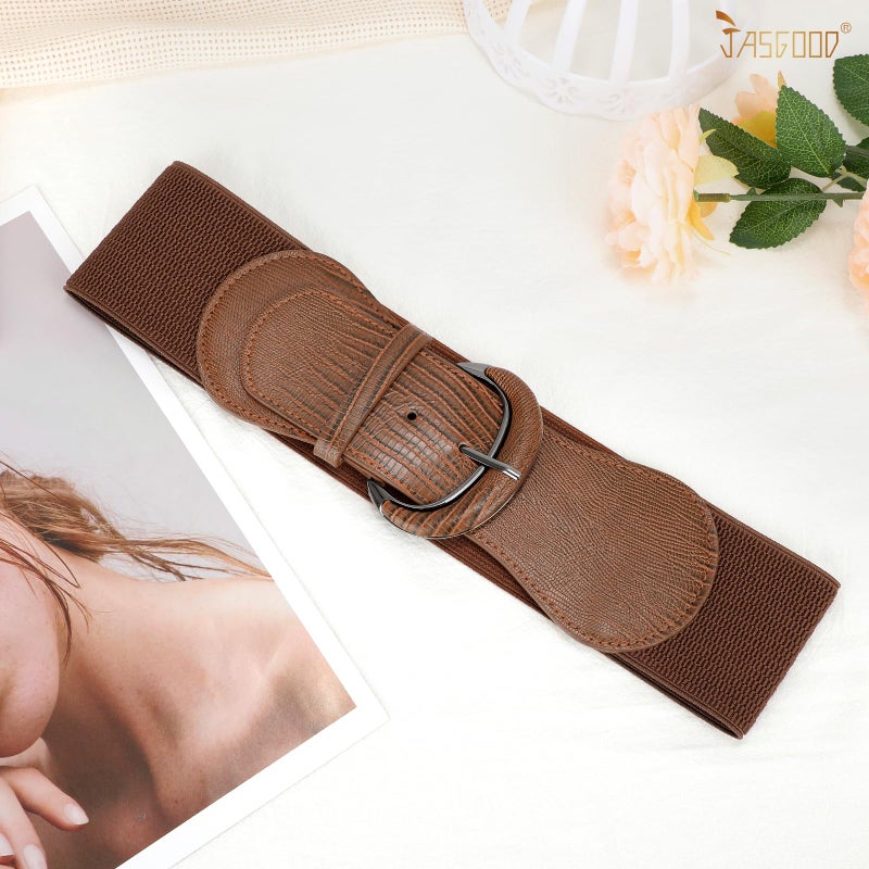 JASGOOD Women Stretchy Wide Waist Belt for Dress Ladies Elastic Belt Hook Buckle (Suit for Size 26-30 Inches,B-Brown) - Image 5